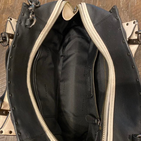 Coach Studded Satchel Bag Black White Tan Leather Hardware Logo Detail - Picture 3 of 9